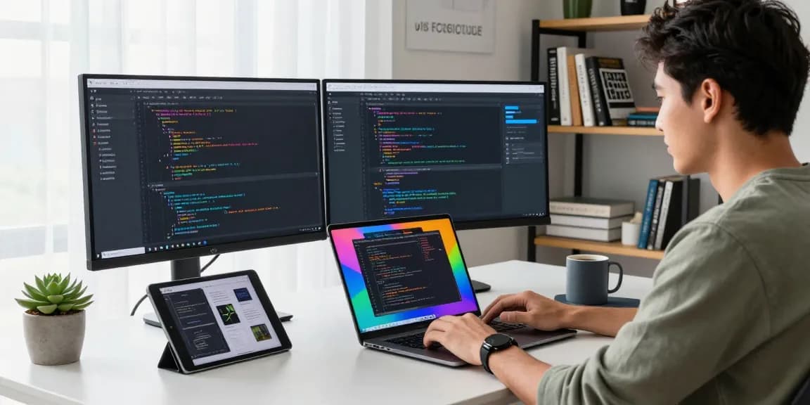 Developer coding in a modern workspace, showcasing WPS Official Website features, vibrant tech environment with design tools.