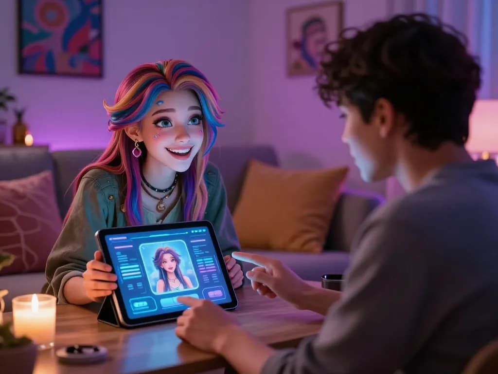 Engaging NSFW AI chat scene with a virtual character interacting with a user, showing innovative design and playful atmosphere for nsfw ai chat.