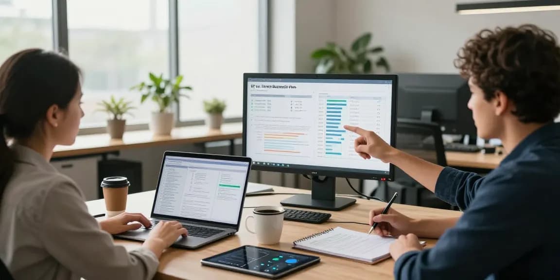 Team analyzing EE vs Three business plans in a modern office.