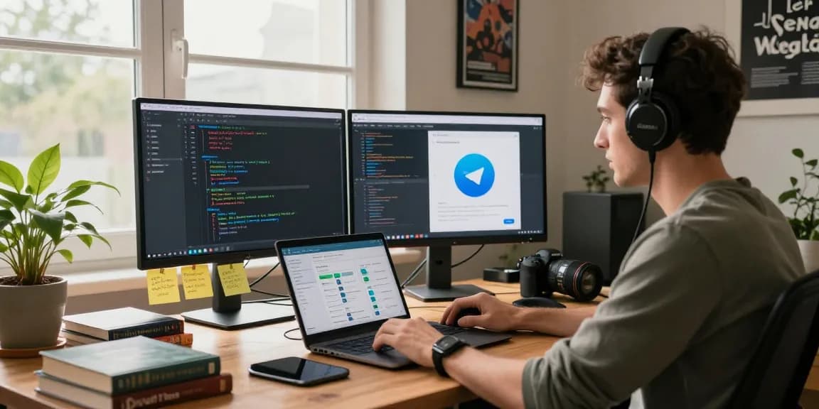 Using the Telegram web version for coding and collaboration in a bright office space
