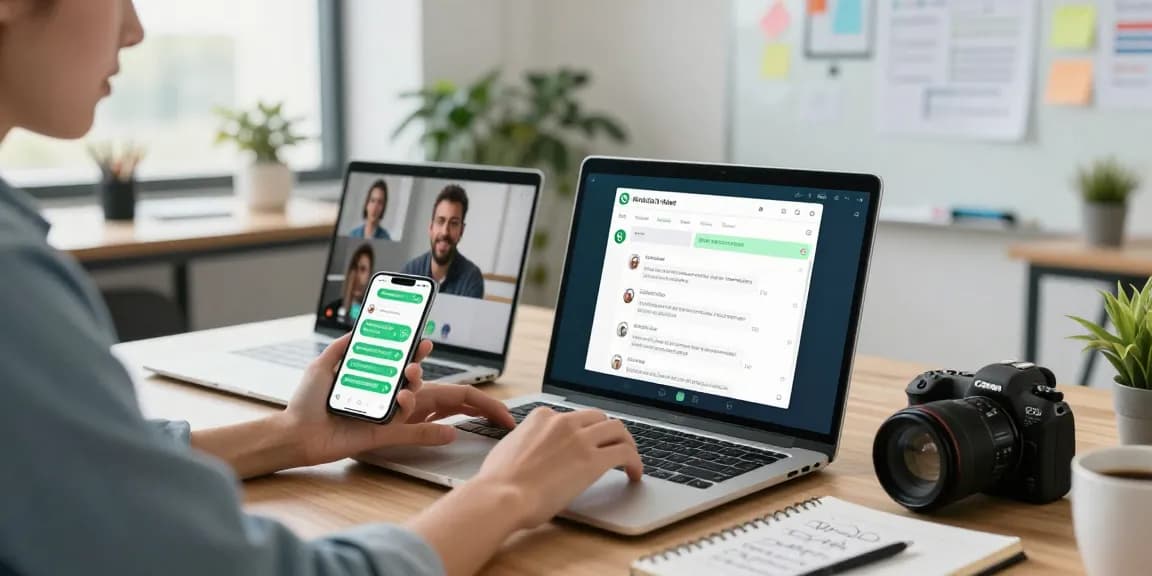 Young professional engaging with WhatsApp網頁版 on a laptop in a modern office.