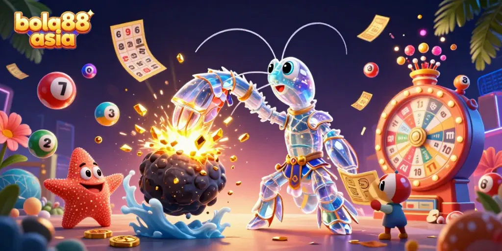 Spin and win big with bola88 asia, showcasing vibrant illustrations of casino excitement with characters and game elements.
