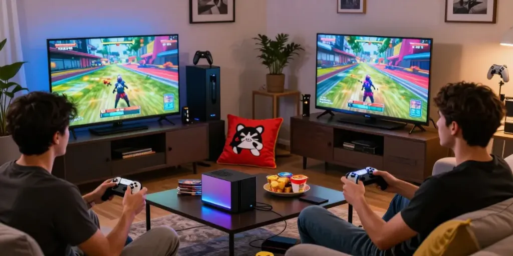 Group of friends enjoying rokok88 gaming session in cozy living room