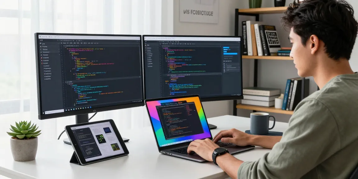 Developer coding in a modern workspace, showcasing WPS Official Website features, vibrant tech environment with design tools.