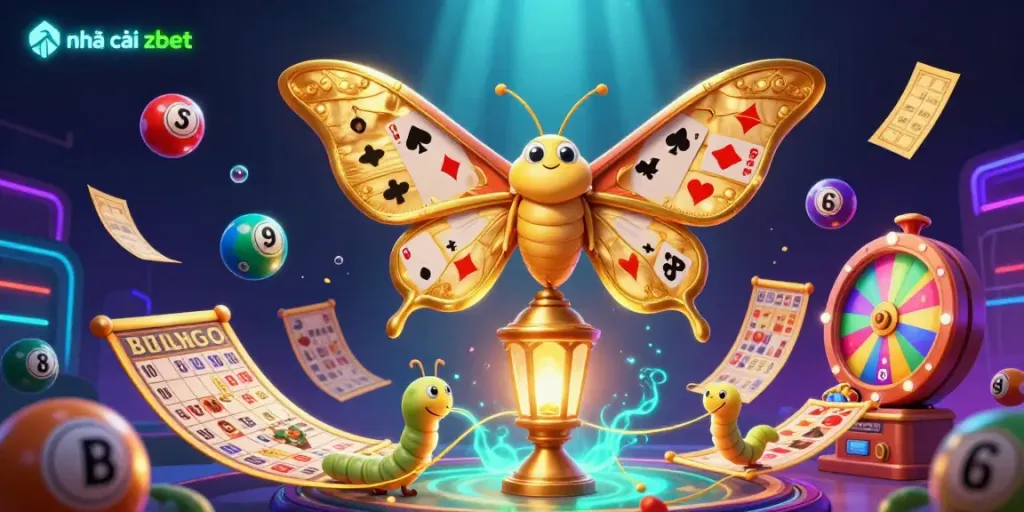 Engage with the immersive world of nhà cái zbet featuring a vibrant casino scene with moth, lottery elements, and glowing effects.