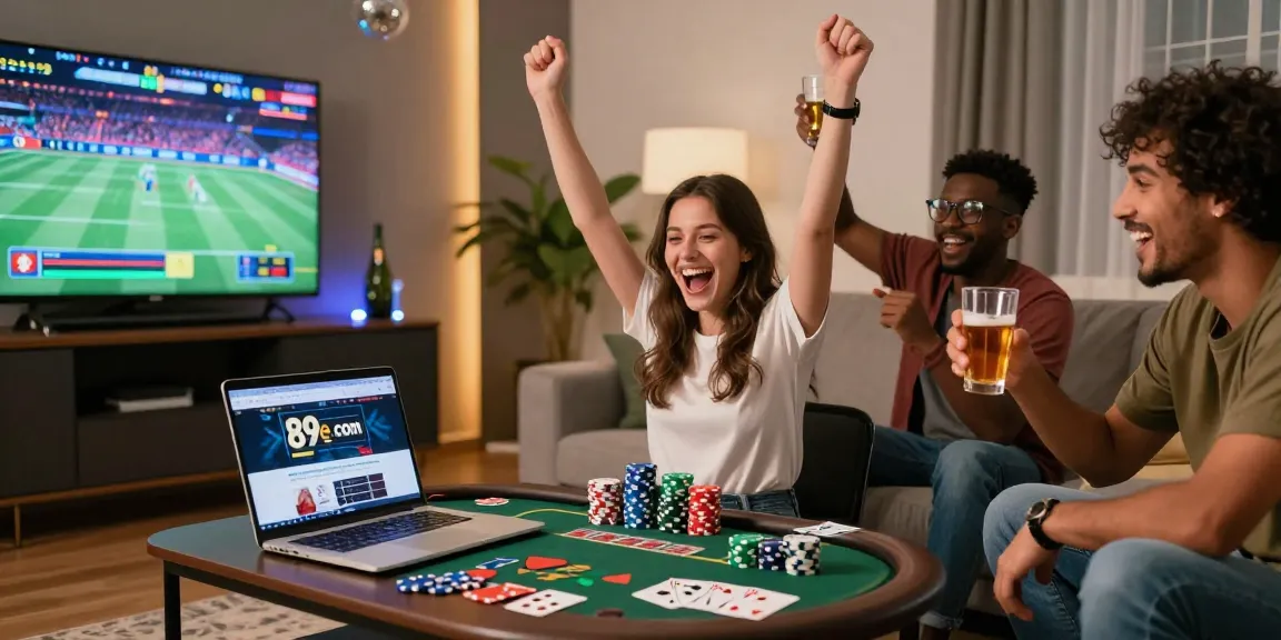 Diverse friends celebrating wins while using 89e com for online gambling at home.