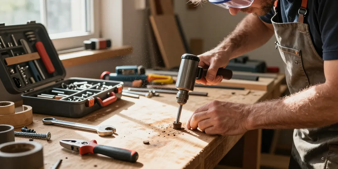 Cacciavite a percussione in uso per svitare bulloni arrugginiti in un laboratorio di casa.