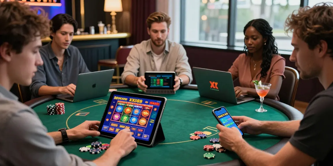 Players enjoying a thrilling gaming experience at XX88 casino platform, engaging with various devices in a luxurious setting.