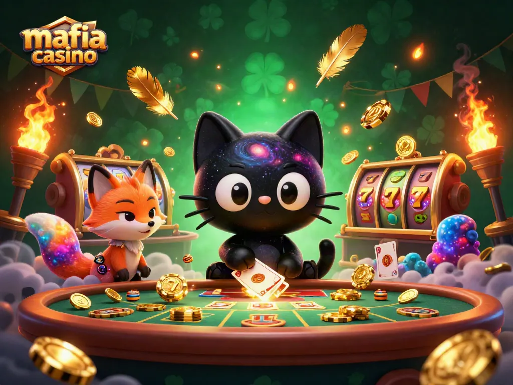 Mafia casino showcases a black hole cat and nebula fox winning golden chips at a dynamic casino table.