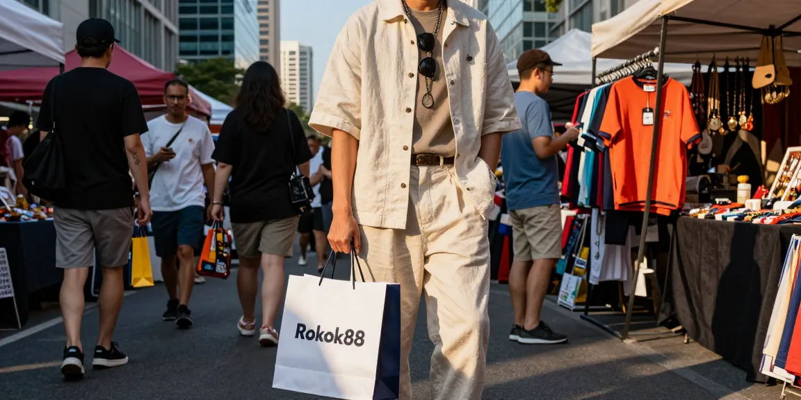 Rokok88 super fashion model showcasing premium materials in vibrant urban setting.