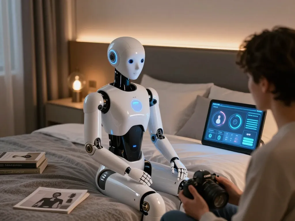 Realistic sex bot interacting in a modern bedroom showcasing advanced technology and design.