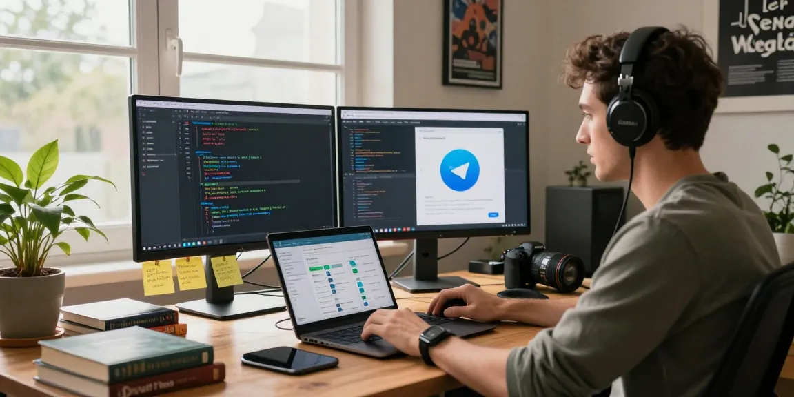 Using the Telegram web version for coding and collaboration in a bright office space