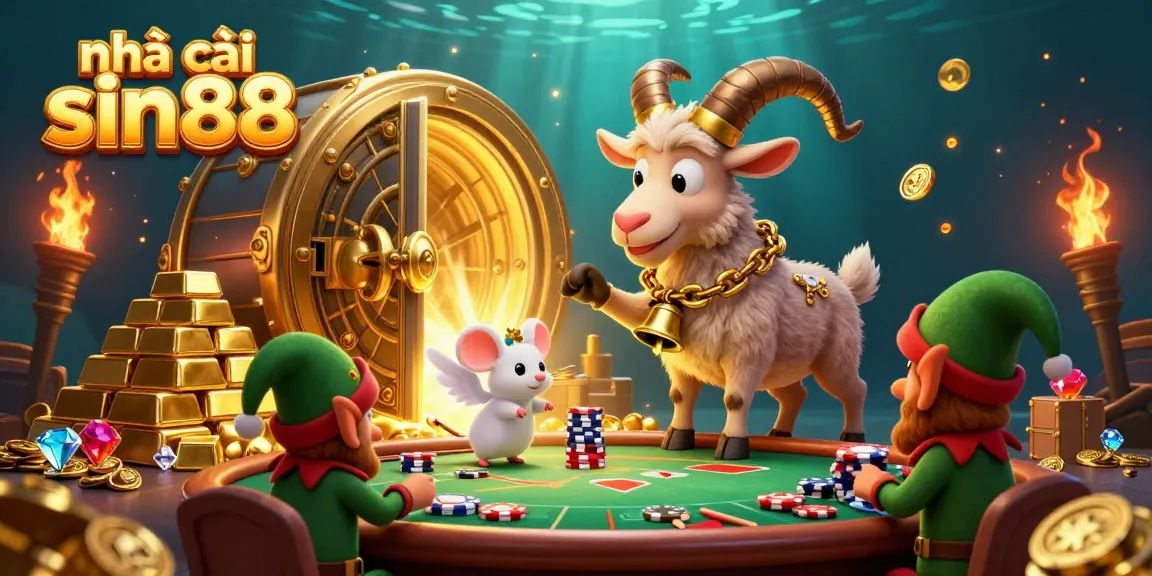 Engage with the vibrant world of nhà cái sin88 amid mischievous elves and a festive Krampus goat in a dynamic casino scene.