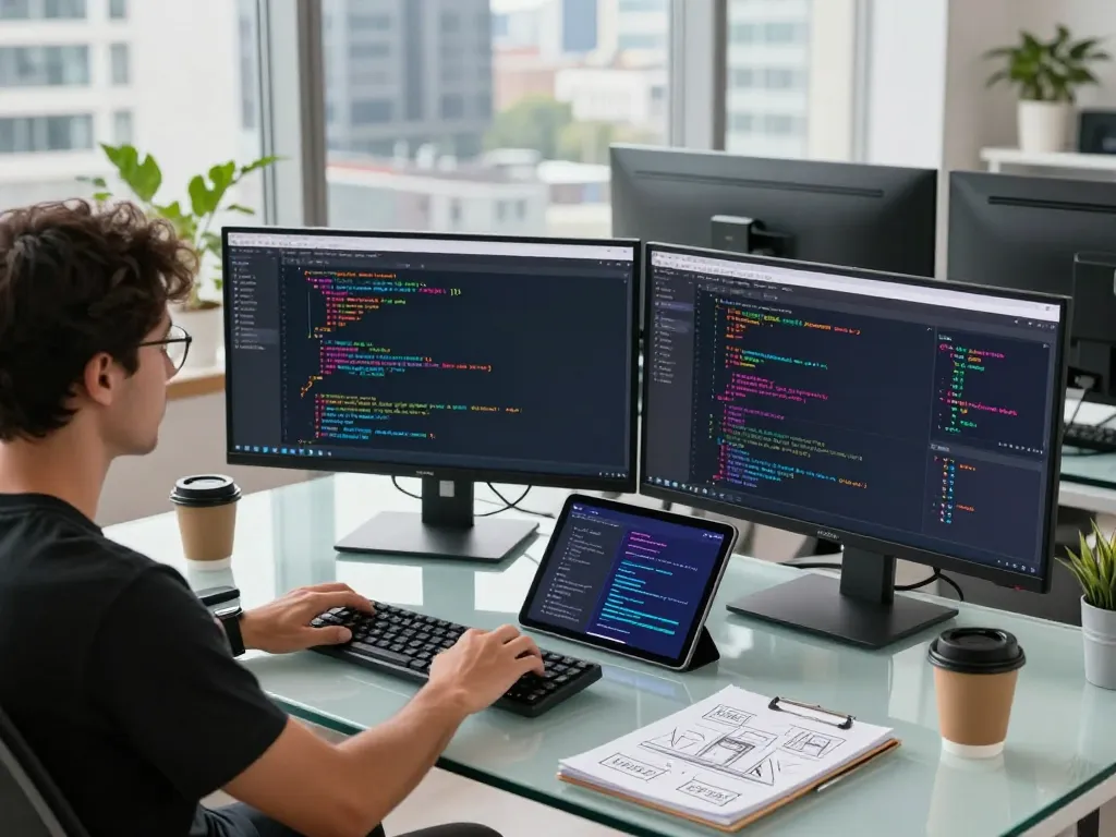Developer using Clawdbot on multiple screens in a modern tech workspace