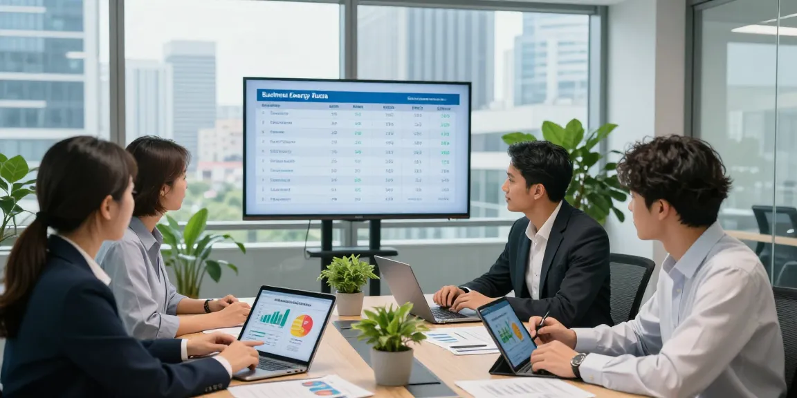 Team analyzing business energy rates in a modern office setting, showcasing collaboration for cost savings.