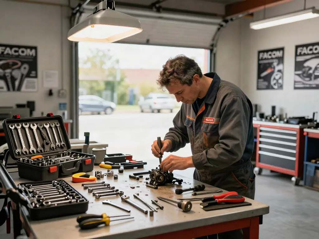 Riparazione di motore con strumenti FACOM Italia da un tecnico esperto in un'officina meccanica.