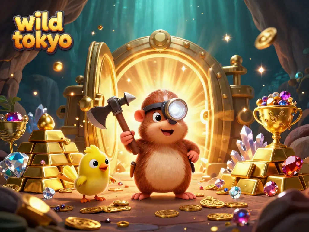 Experience thrilling action at wild tokyo casino with a lively treasure hunt themed illustration.