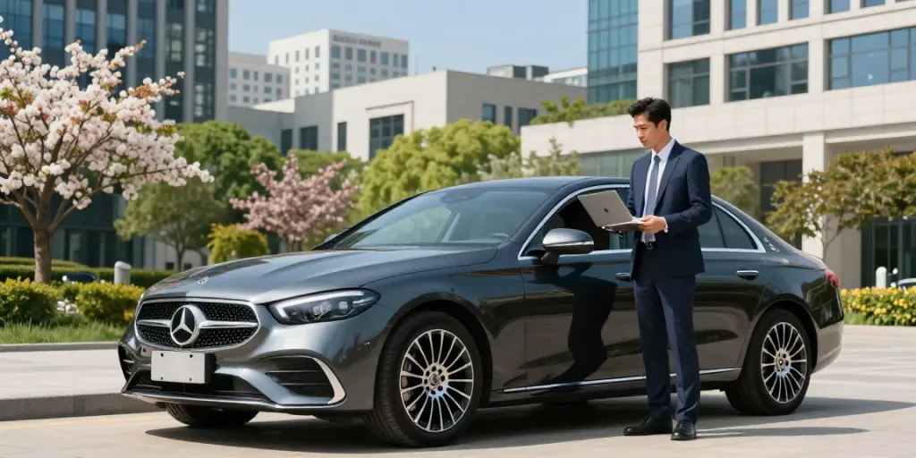 Noleggio lungo termine Mercedes: veicolo elegante in ambiente urbano con professionista in abbigliamento formale esaminando il modello.