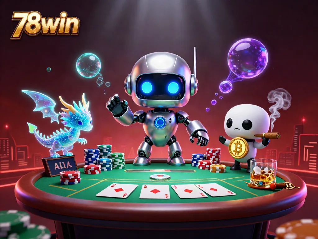 Experience thrilling poker action with 78win's vibrant casino scene featuring a playful cyberpunk mascot.