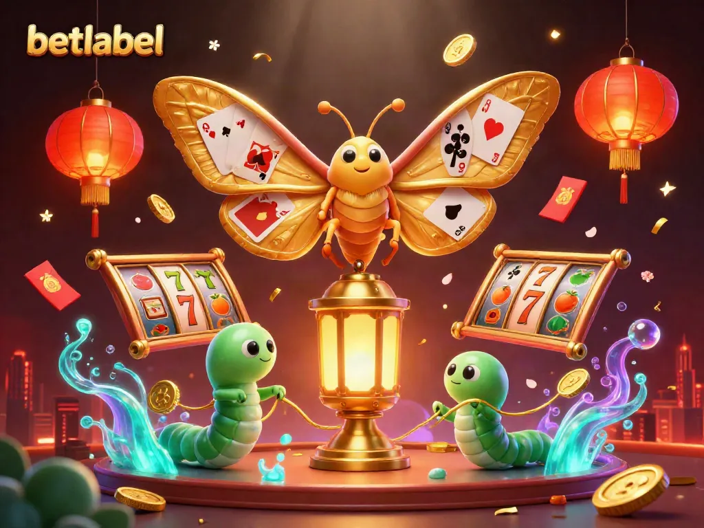 Spin the reels with betlabel's vibrant casino scene featuring a golden moth and dynamic elements.