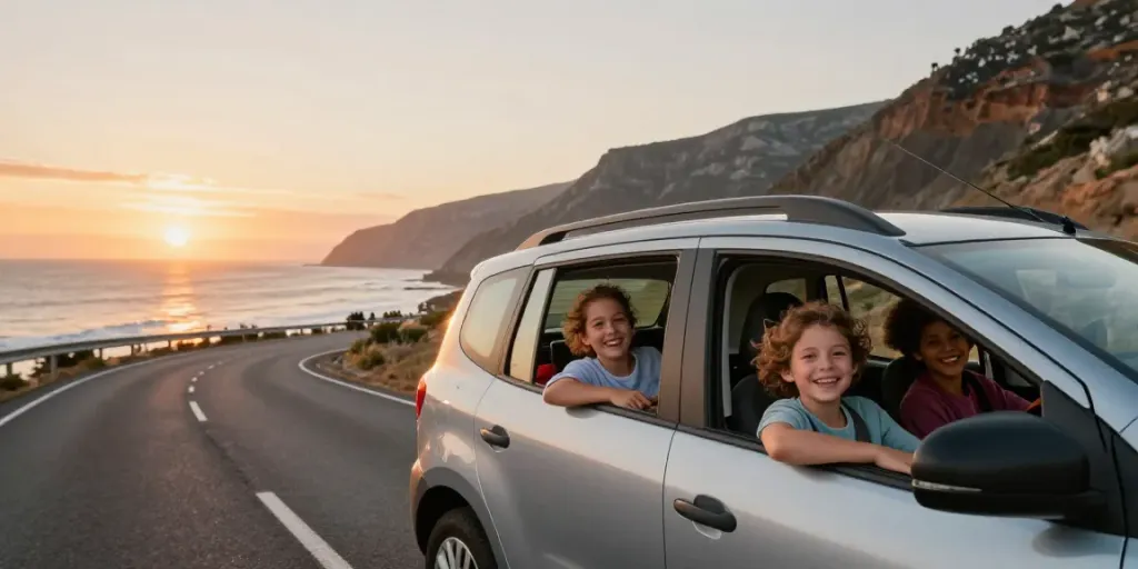 Noleggio lungo termine Dacia: Famiglia in viaggio su un'autostrada costiera al tramonto.
