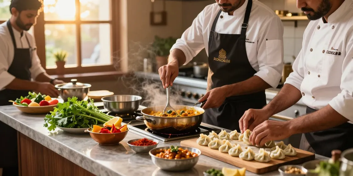 ROKOK88 daftar - chefs cooking authentic Indian curry and Nepalese momo dishes in a vibrant restaurant kitchen.