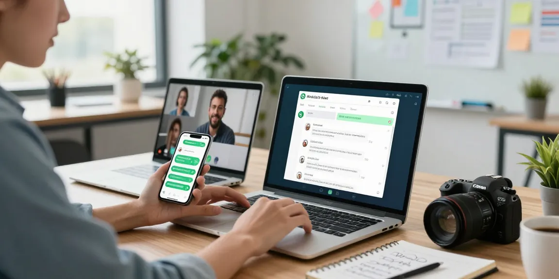 Young professional engaging with WhatsApp網頁版 on a laptop in a modern office.