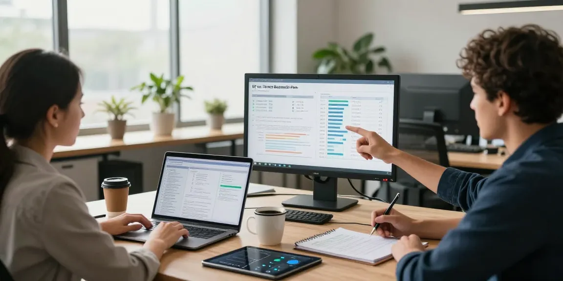 Team analyzing EE vs Three business plans in a modern office.