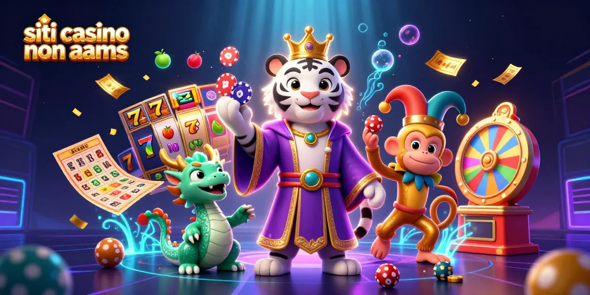 Experience the thrill of siti casino non aams with an illustration of a white tiger and playful monkey celebrating amidst casino elements.