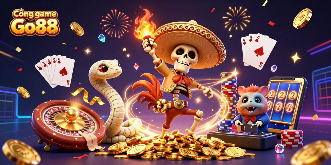 Experience the excitement with Cổng game Go88's vibrant casino scene featuring dazzling characters and games.