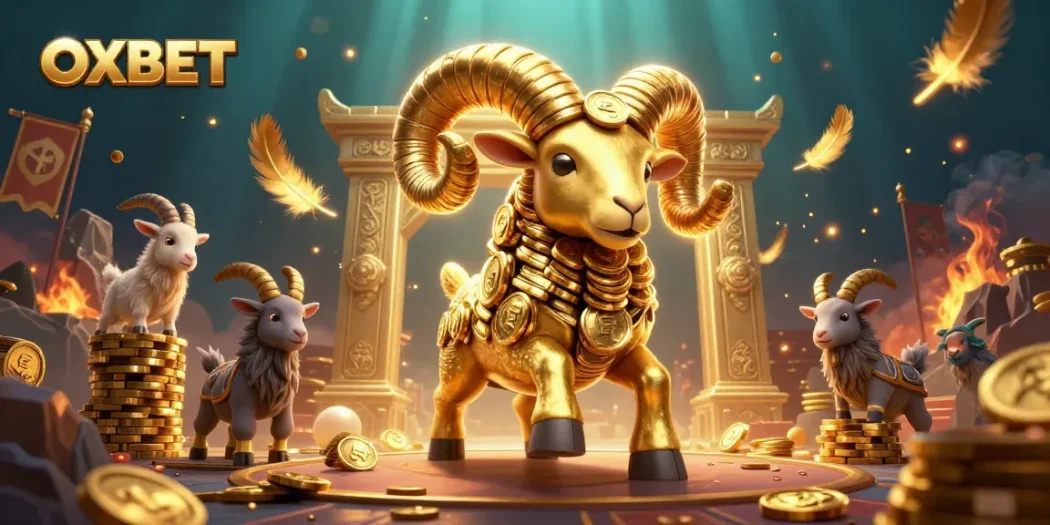 Experience OXBET's thrilling betting atmosphere with a golden ram charging through a vibrant sports arena.