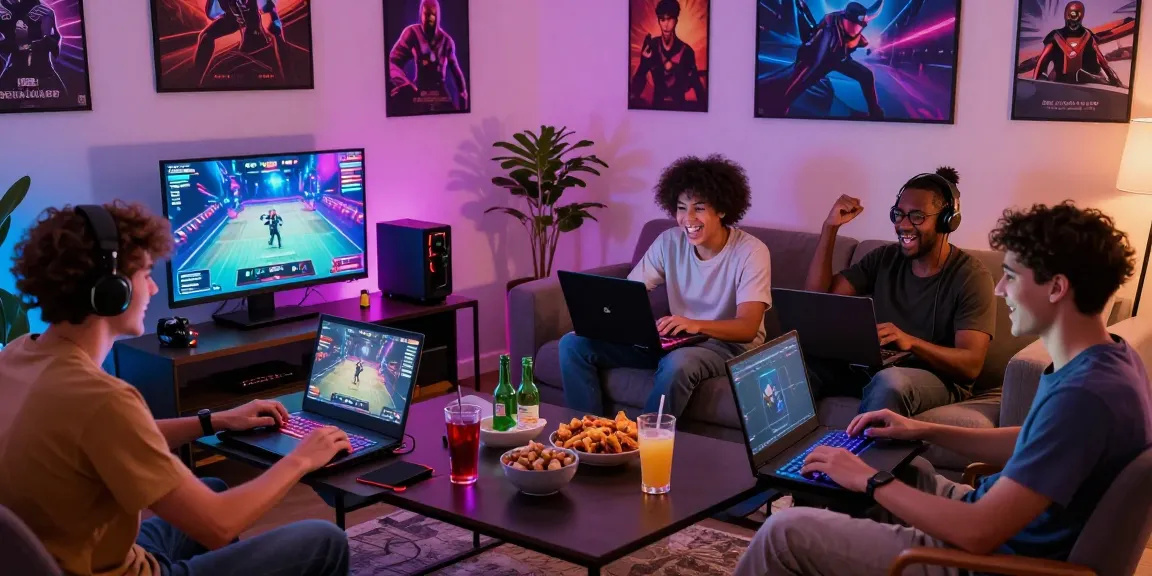 Friends enjoying a competitive BetLabel esports tournament in a lively living room.