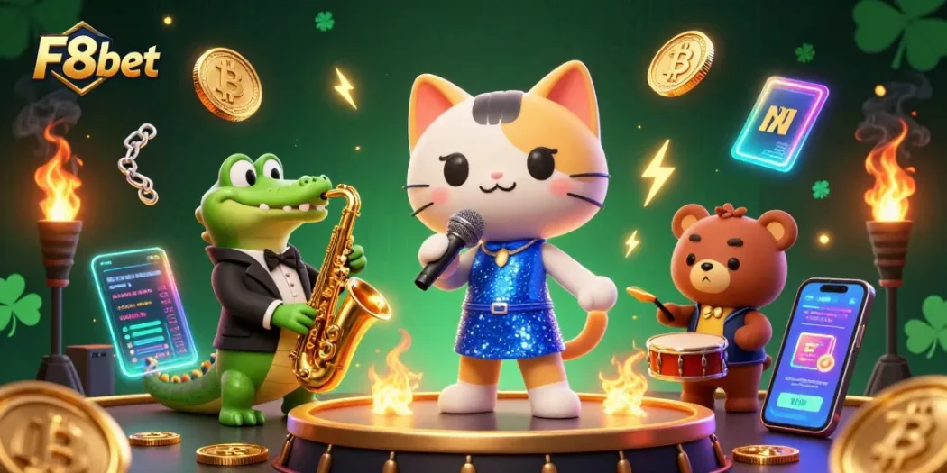 Engage with F8bet’s vibrant casino scene featuring a jazz-singer cat and music-playing characters.