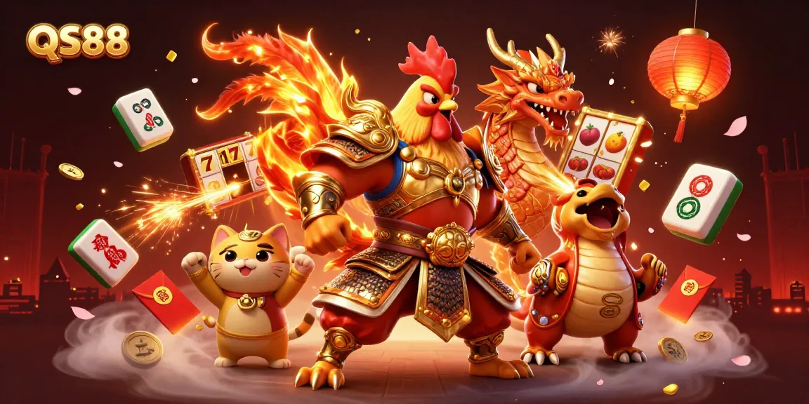 Experience thrilling gameplay with QS88 and vibrant slot symbols in this dynamic casino illustration.