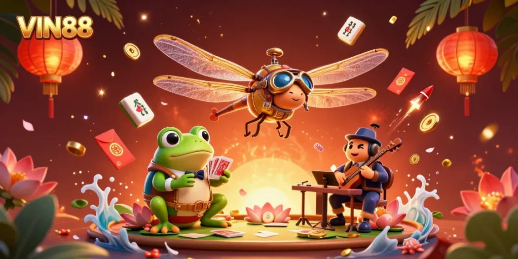 Engage with VIN88's vibrant casino scene featuring a dragonfly pilot, frog croupier, and jazz crickets.