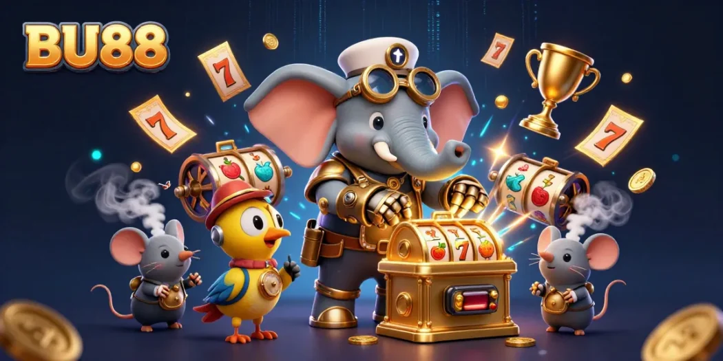 Experience BU88 with a vibrant steampunk casino scene featuring an elephant engineer and dynamic slot elements.