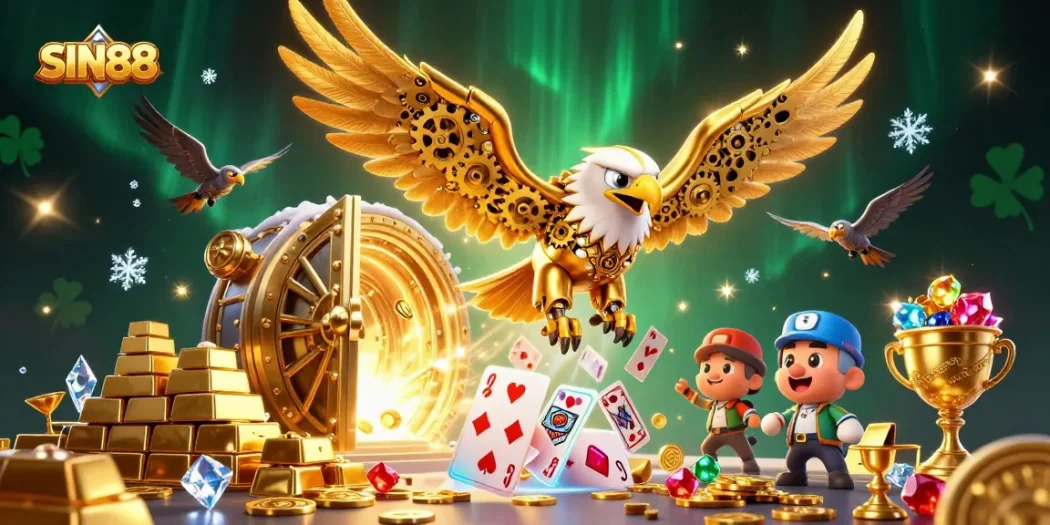Experience the thrill of SIN88 with a vibrant 3D scene filled with treasures, eagle, and gaming elements.