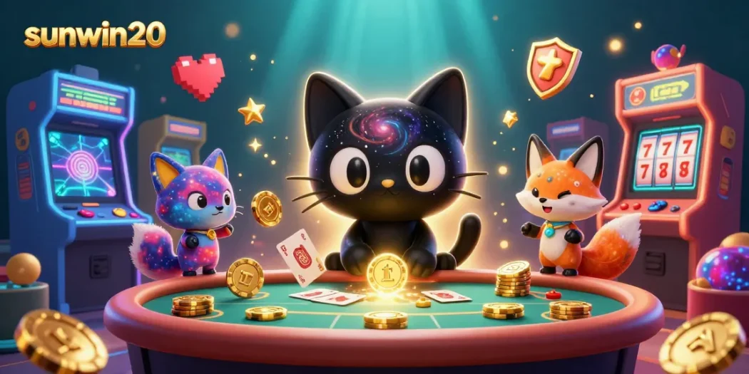 Engage with the thrilling world of sunwin20 as a cosmic cat draws in chips at an animated casino.