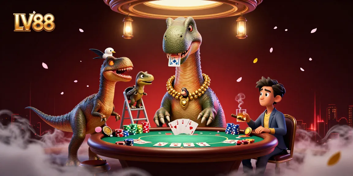 Play poker at LV 88 casino with a whimsical dinosaur dealer and dynamic gaming elements.
