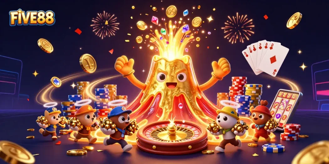 Experience excitement at FIVE88 casino with treasures and winning rewards in this dynamic illustration.