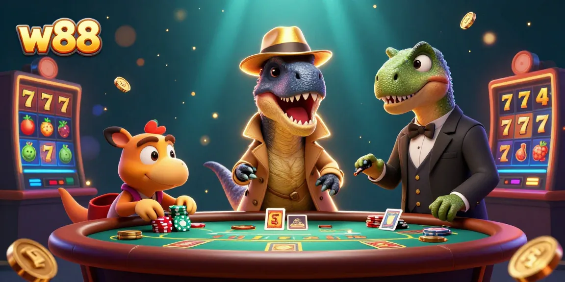 Experience the excitement of w88's slots with a sneaky velociraptor card counter in a vibrant casino scene.