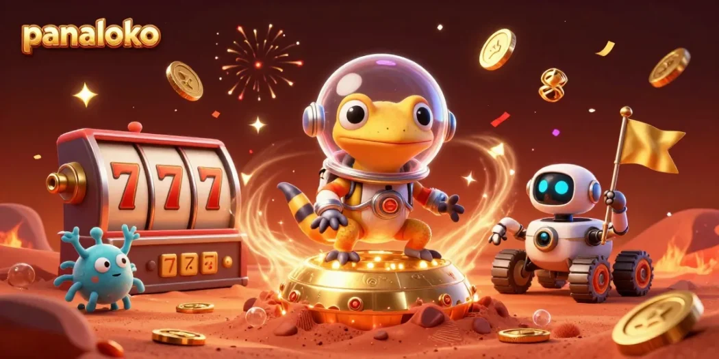 Panaloko players spin reels and win in a vibrant casino treasure scene, showcasing a Martian gecko and festive elements.