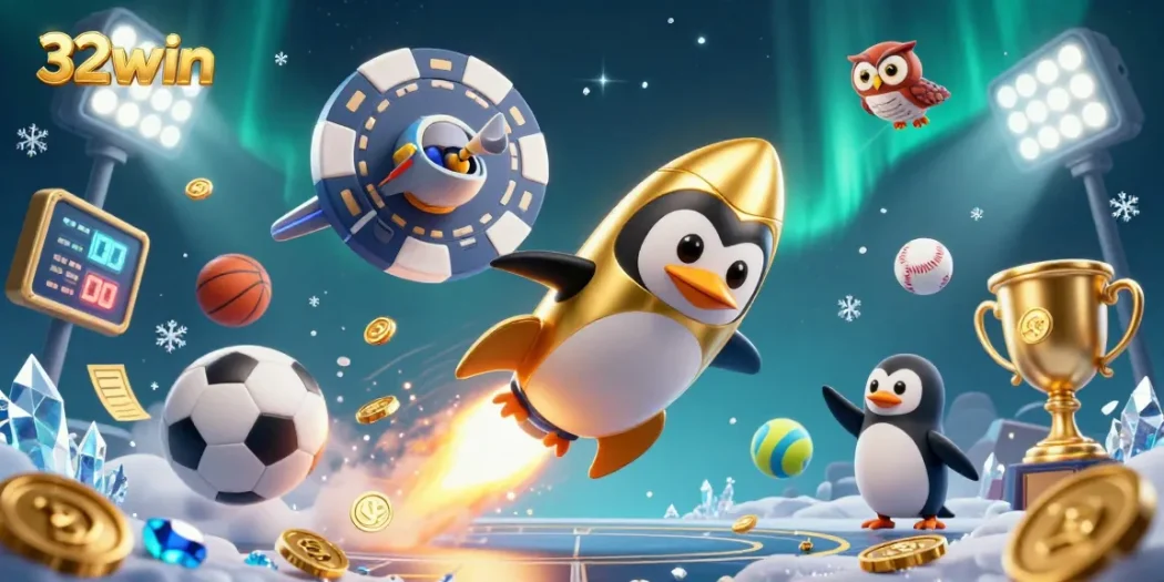 Bet on 32win as a golden penguin soars with sports elements and vibrant casino visuals.