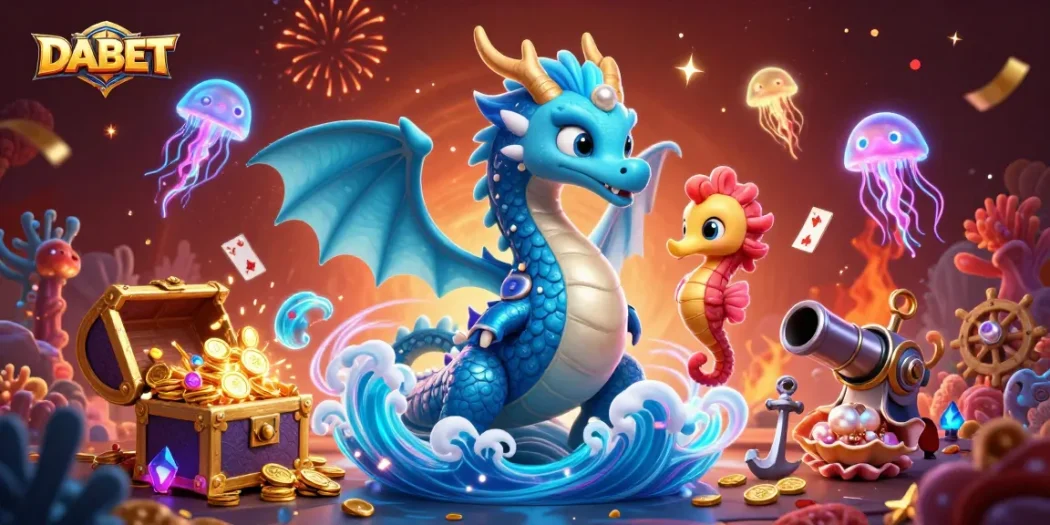 DABET captures the thrill of winning with an enchanting scene of a water dragon and gaming elements.
