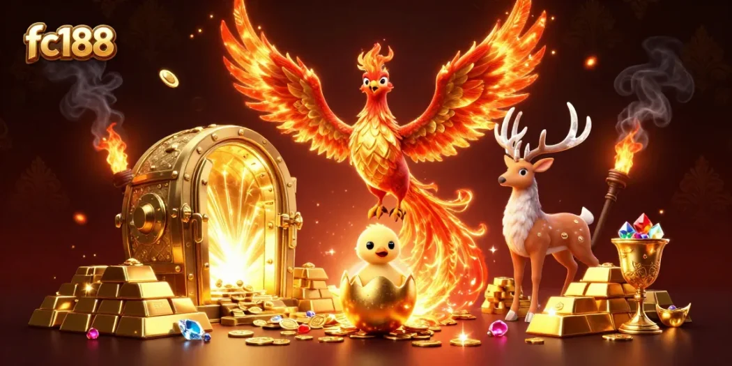 Engage in thrilling gaming experiences at fc188 with a phoenix, chick, and stag amid gold and gems.