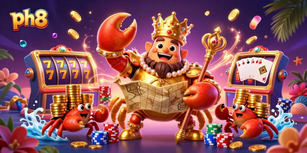 Engaging in thrilling slot adventures at ph8 with a golden crab emperor and vibrant casino action.