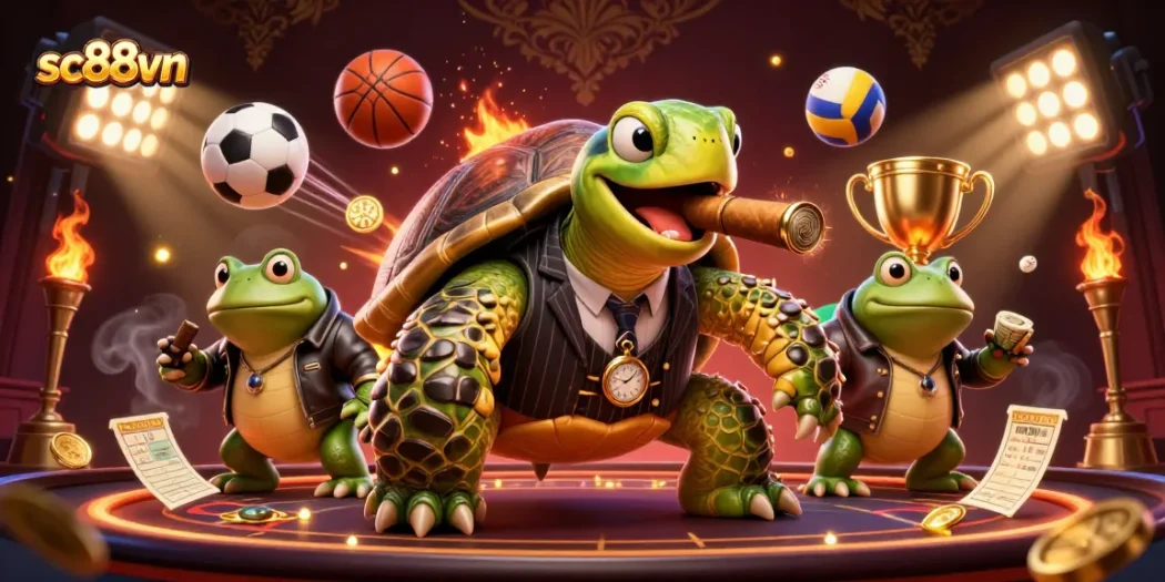 Experience excitement at sc88vn with a dynamic casino scene featuring a snapping turtle and bullfrog enforcers.