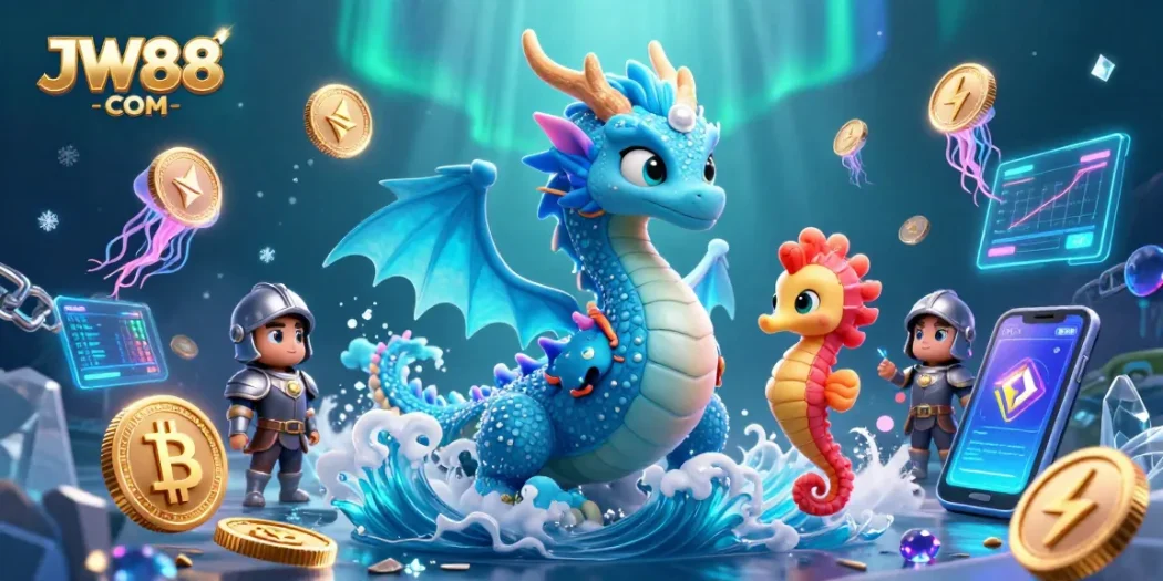 Win big with JW88 COM featuring an azure water dragon and seahorse knight in a vibrant underwater casino.