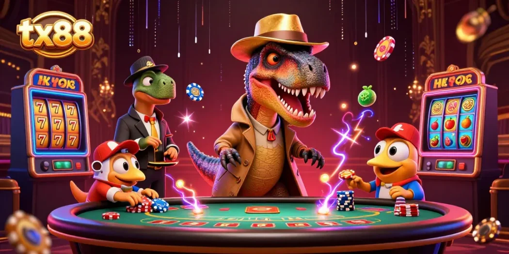 Exciting tx88 casino scene with a velociraptor card counter and action elements depicting thrilling gaming.