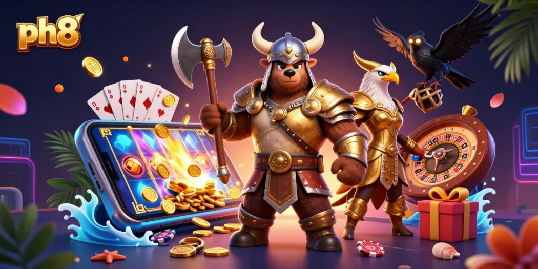 Experience thrilling gameplay at ph8 with our cartoon Viking and Valkyrie amid dynamic casino game elements.